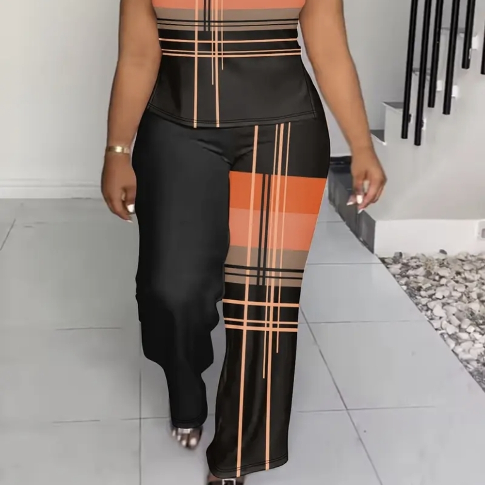 Stylish Black and Orange Plaid Jumpsuit